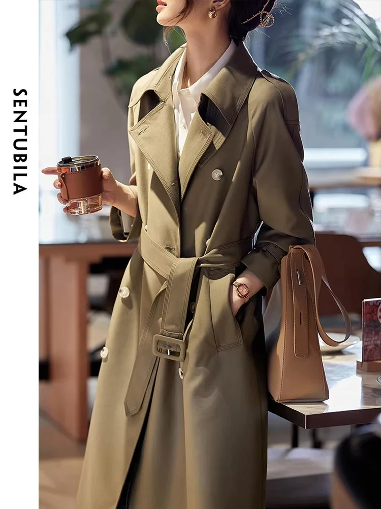 SENTUBILA Mid-length Double-breasted Trench Coat Women Luxury Spring Autumn Elegant Jacket Woman Maillard Outerwear 131F46345