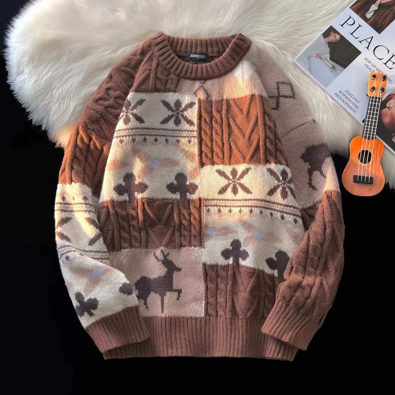 Men's New Autumn and Winter Patchwork Sweaters, Fashionable and Versatile Round-Neck Tops