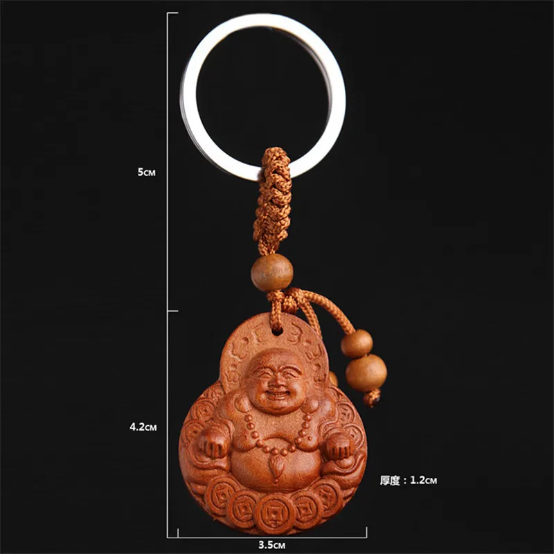 Cute Mahogany Wooden Keychain 3D Engraving Lifelike Buddha Pendant Key Ring Person Shape Key Holder Jewelry Making Accessories