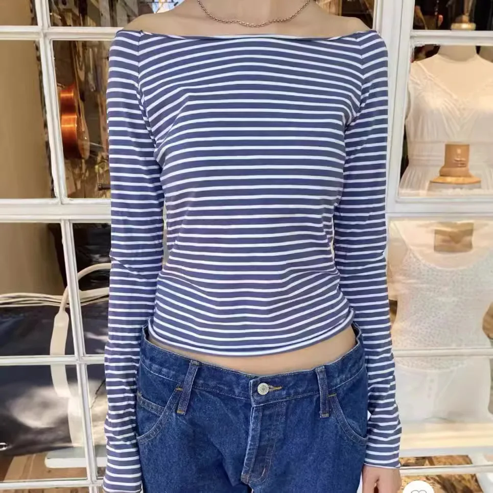 Fashion White Blue Stripe Long Sleeve T-shirts For Women Slash Neck Retro Autumn Tees Spring Slim Y2K Tshirt Top Female 2024 New