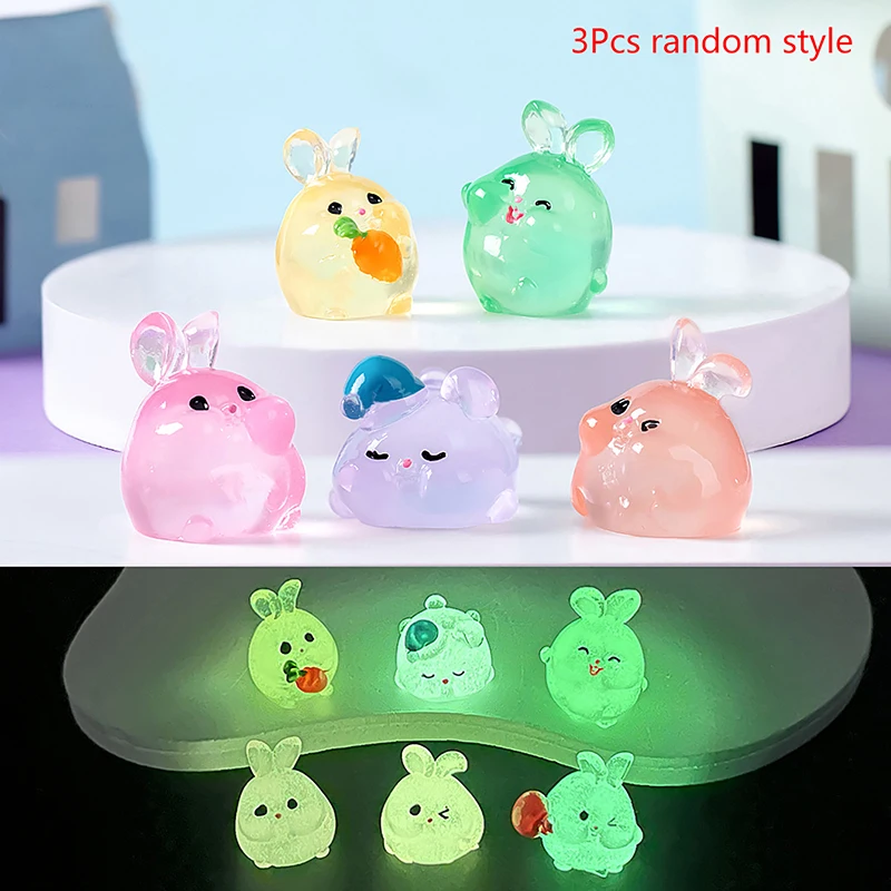 3Pcs Luminous Rabbit Ornament Mini Color Cartoon Bunny Doll Micro Landscape Decoration Dollhouse Miniature Toy