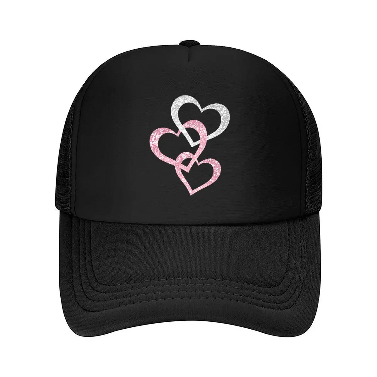Three Interlocking Heart Outlines Pink Gray Speckled Pattern Mesh Baseball Cap Hip Hop