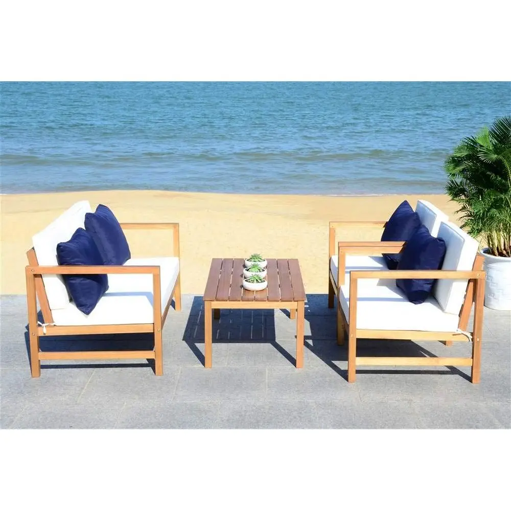 

Outdoor Collection Montez Natural Beige Cushions Navy Pillows 4Piece Conversation Patio Set