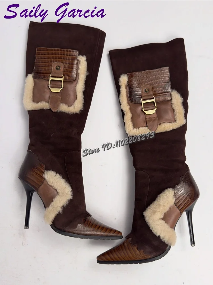 Retro Brown Pocket Knee High Boots Frosted Patchwork Pointed Slip-on High Heels Boots Fashion Women Shoes 2025 New Street Style