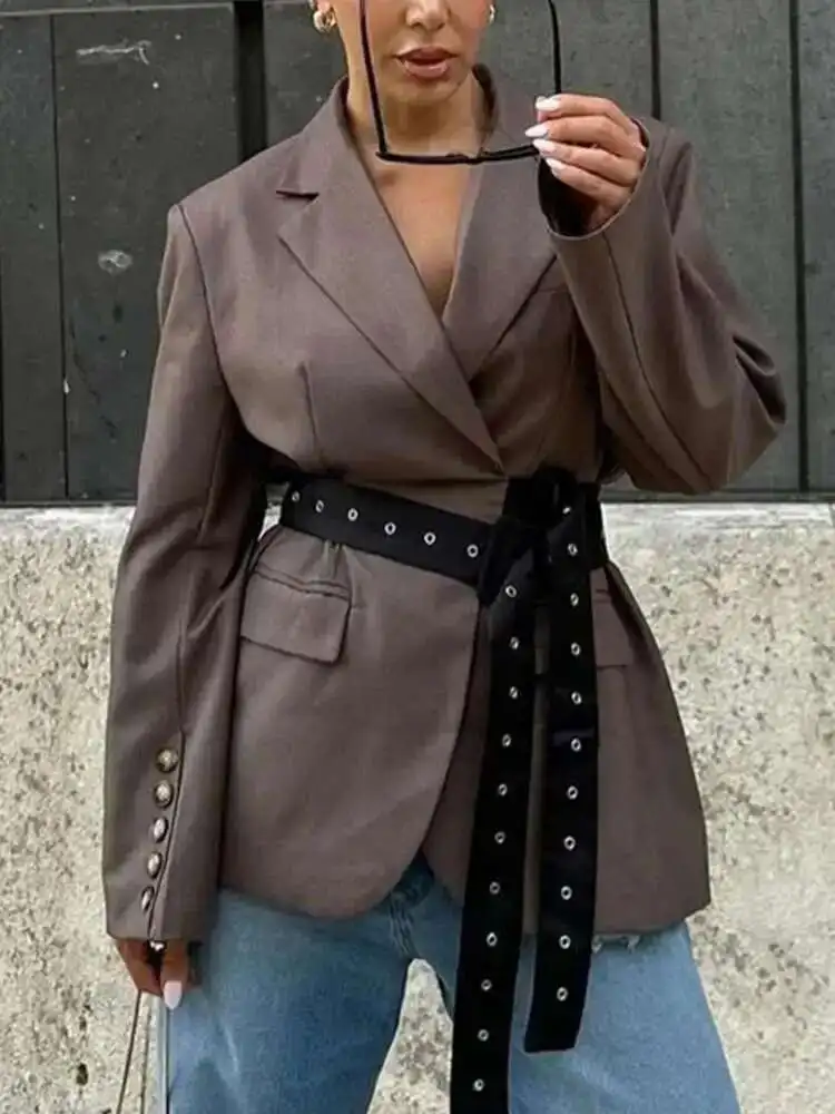 سترة كاجوال بحزام مقسم للتخسيس من KWTX للنساء بياقة مدببة وأكمام طويلة وزر مرقع سترات أنيقة للسيدات جديد 2025