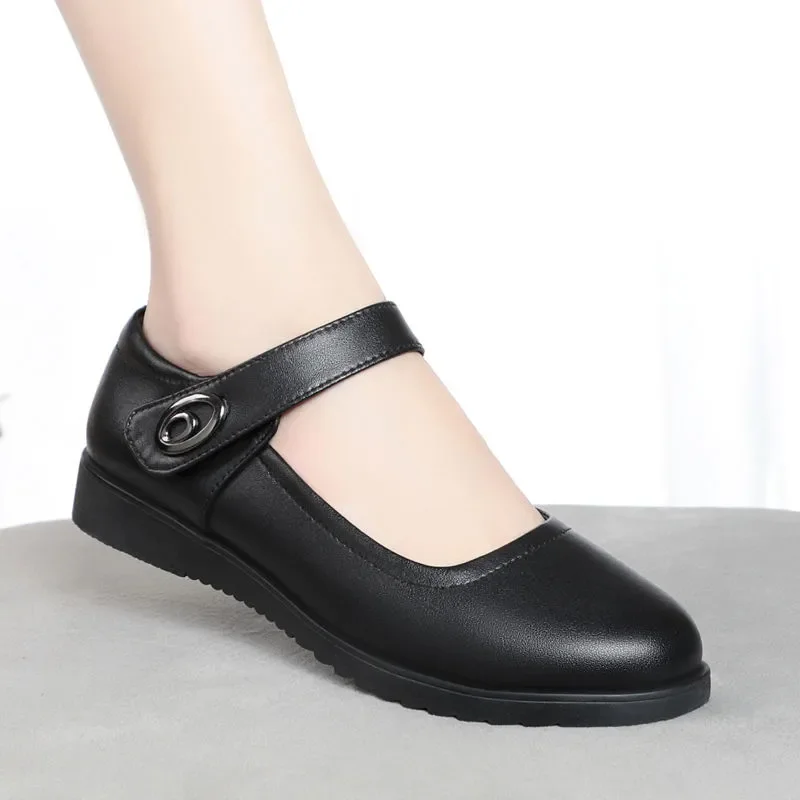 Fashion Sweet Light Weight Black Pu Leather Comfort Student School Shoes Women Leisure Street Office Buckle Strap Heel Shoes A10