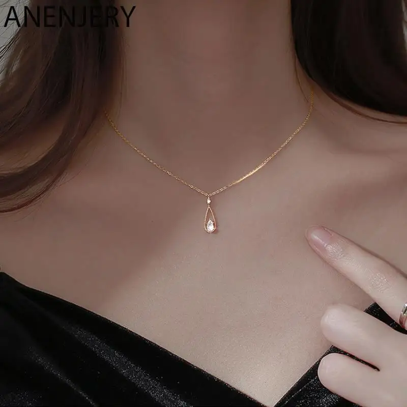 ANENJERY Silver Color Waterdrop Pendant Necklace for Women Cubic Zircon Clavicle Chain Necklaces Party Jewelry New