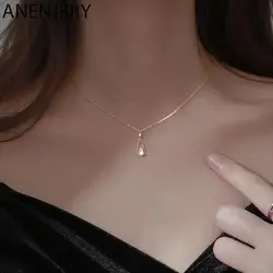 ANENJERY Silver Color Waterdrop Pendant Necklace for Women Cubic Zircon Clavicle Chain Necklaces Party Jewelry New