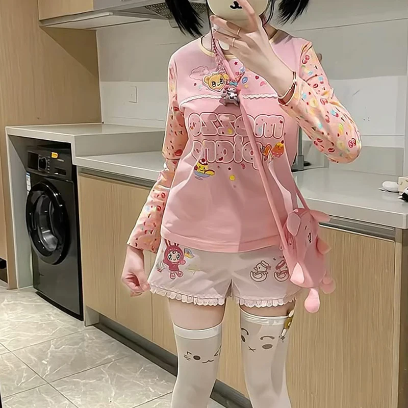 Pantaloncini Kawaii originali per ragazze giapponesi Studente Y2K Pantaloncini in vita elastica con ricamo a fumetti Pantaloncini casual quotidiani carini per figlia