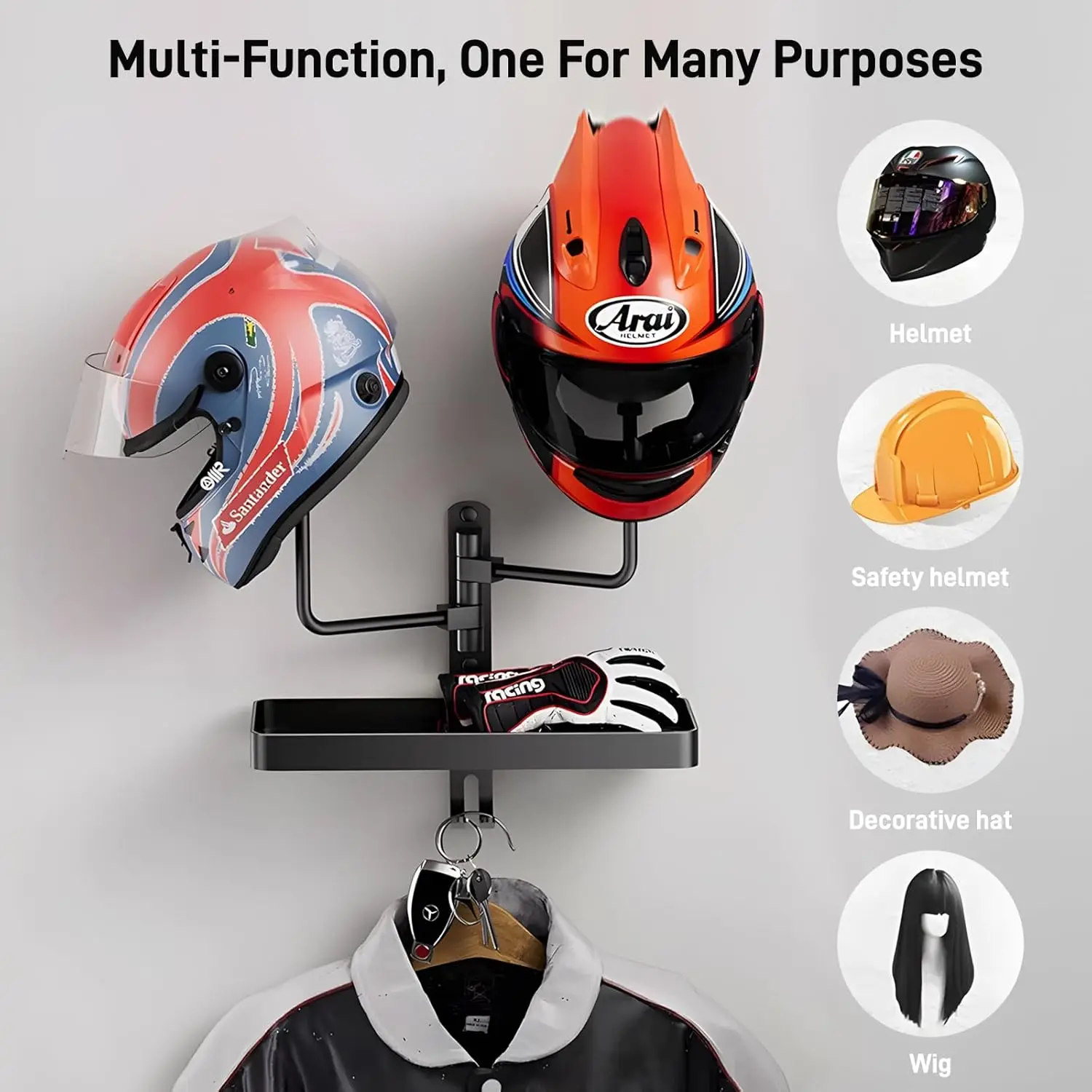 

180° Rotating Motorcycle Helmet Rack Wall Mounted With Double Hook Detachable Bicycle Helmet Display Rack for Phone Storage