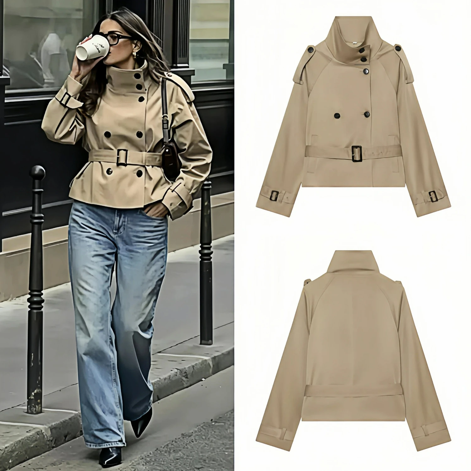 Women Short Double Breasted Belted Trench Coat 2026 Autumn Minimalist Warm Casual Outerwear Oversized Chic Coat New for Ladies