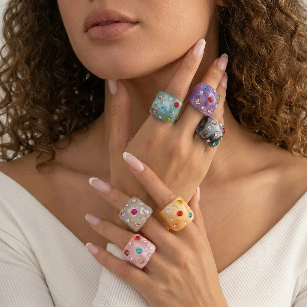 Cross border retro fashion sweet and simple party couple ring, inlaid with bright diamond multi-color resin ring