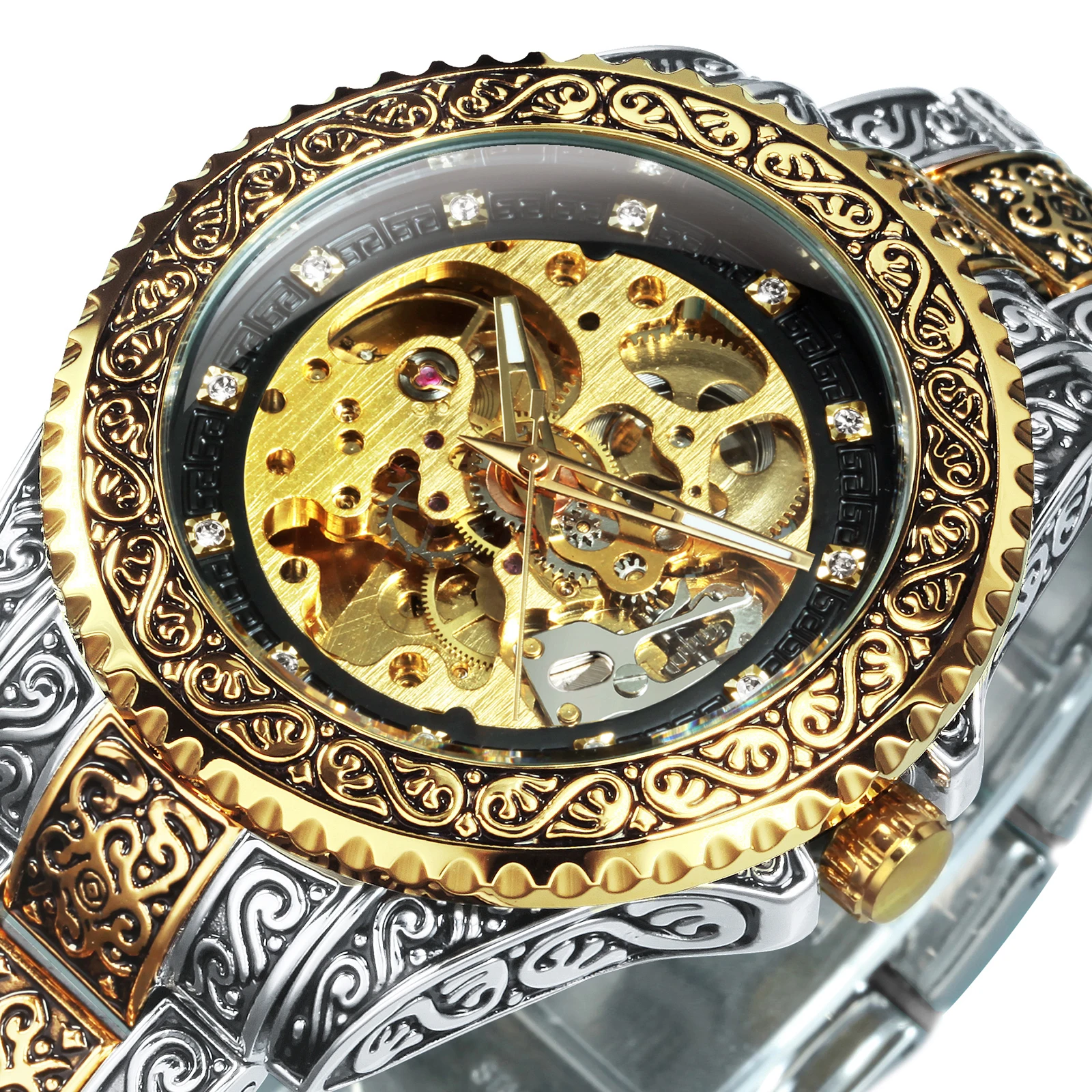 WINNER Royal Gold Skeleton Watch for Men Rotating Bezel Engraved Design Stainless Steel Band Luxury Automatic Mechanical Watches