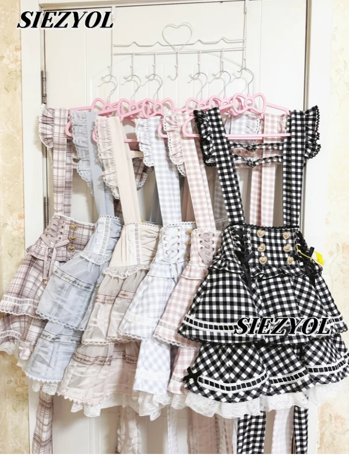 Liz Oversize Short Skirt High Waist Slimming Sweet Kawaii Girls Ruffle Strap Skirt New Lolita Plaid Bow Short Suspender Skirts