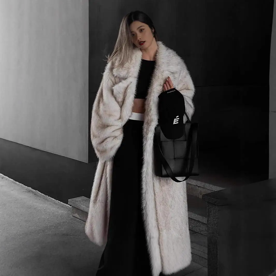 

Eco-Friendly Long Ladies' Fur Coat Autumn Winter New Sle Imitation Fur Jaet with Suit Collar with Hat Regular Sve