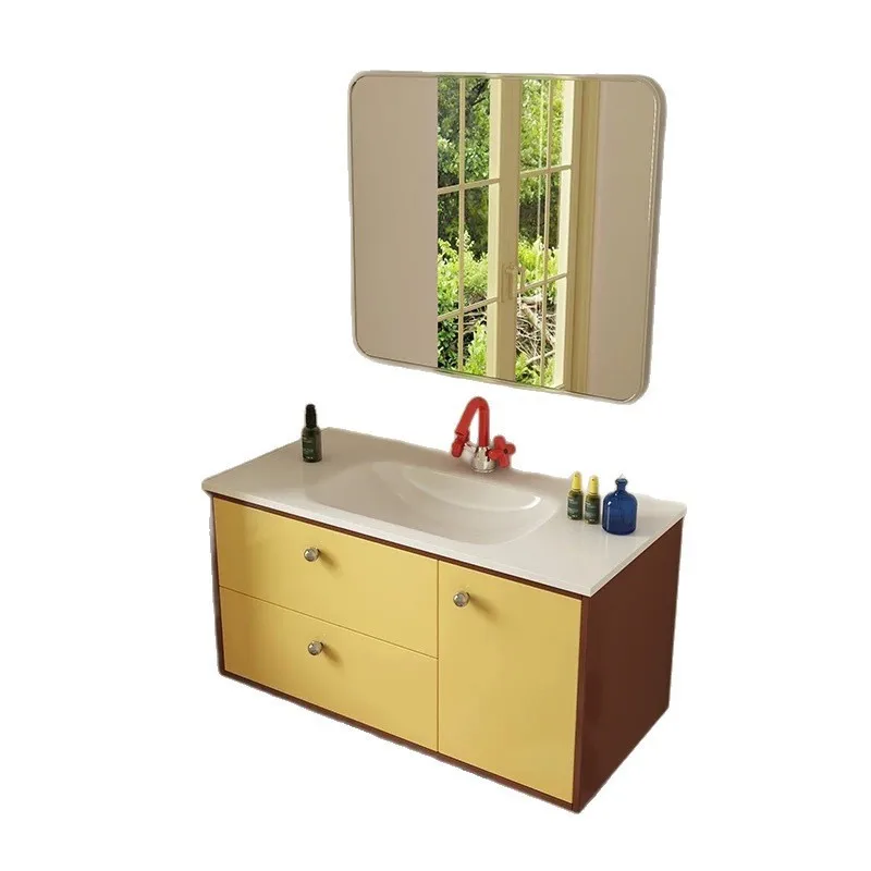 

Bathroom Cabinet Combination Slate Hot Bending Integrated Basin Wash Table Oak Lacquer Dopamine Bathroom Wash Table