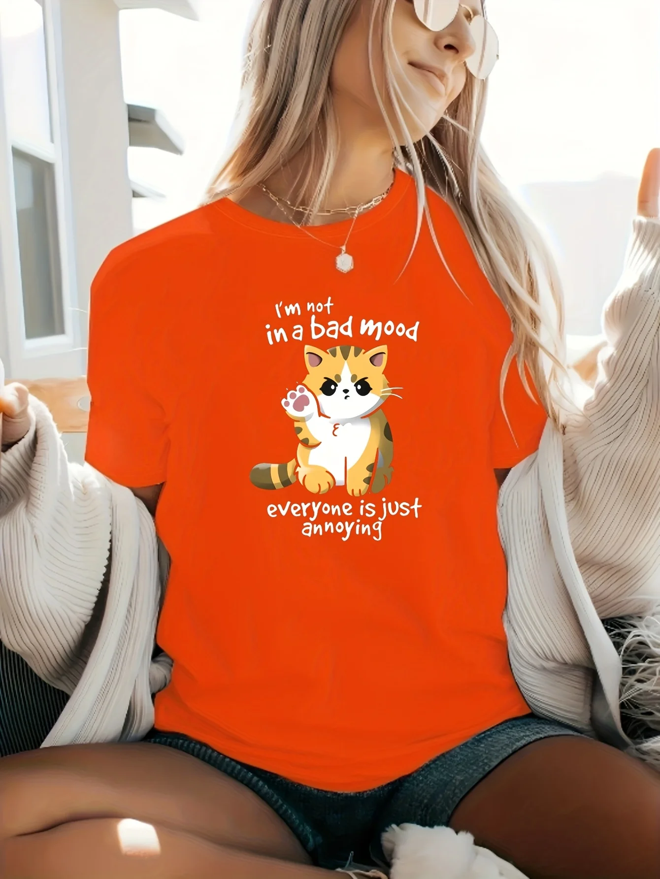 Women's Casual Cat Print T-Shirt - 