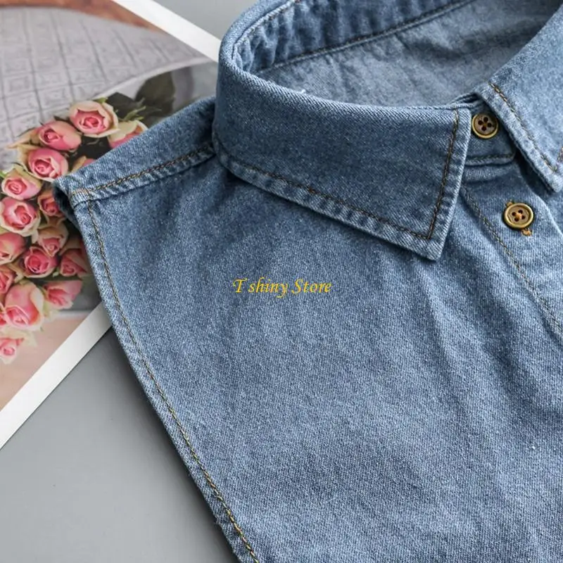 N58F Women Vintage Washed Faux Collar Autumn Winter Detachable Dickey Blouse Button Down Basic Layering Lapel Half Shirt
