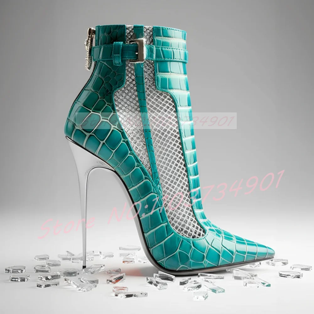 Crocodile Pattern Mesh Pointed Toe Boots Women 12CM High Heels Buckle Ankle Strap Short Boots Ladies Sexy Luxury Streetwear