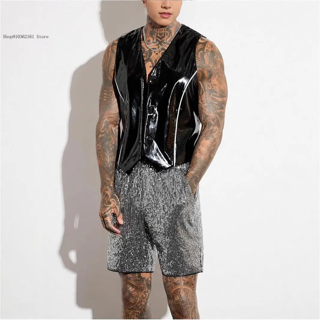Summer and Autumn Leisure Nightclub Performance Pure Color Simple Shining Glitter Straight Shorts for Men