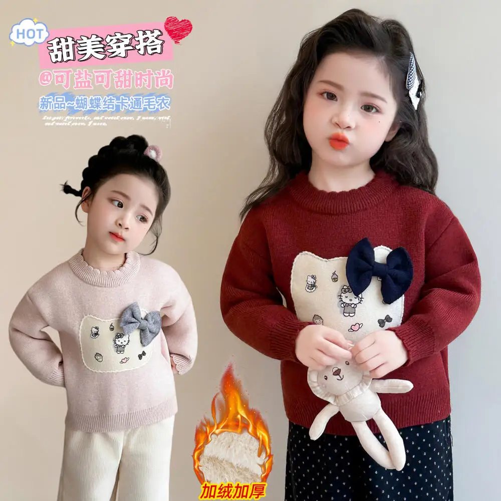 

Sanrio Hello Kitty Girls' Fleece Sweater Autumn and Winter Thickened Pullover Knitted Bottoming Shirt Children's New Year's Tops