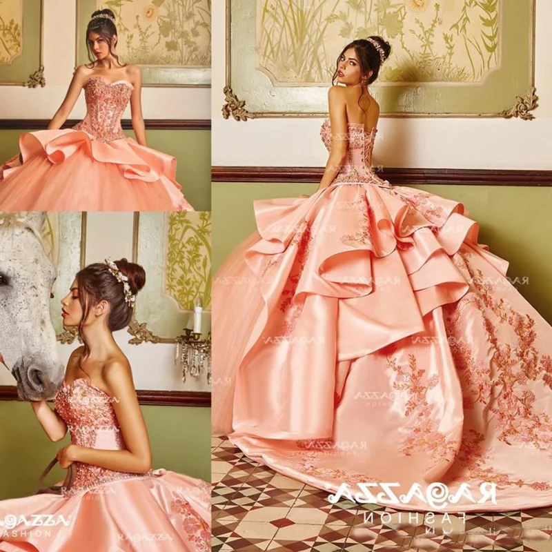 أنيق كرة مطرزة ثوب Quinceanera فساتين الحبيب الرقبة Appliqued الديكور الحلو 16 اللباس الحرير الاجتياح قطار مطرزة تنكر أثواب