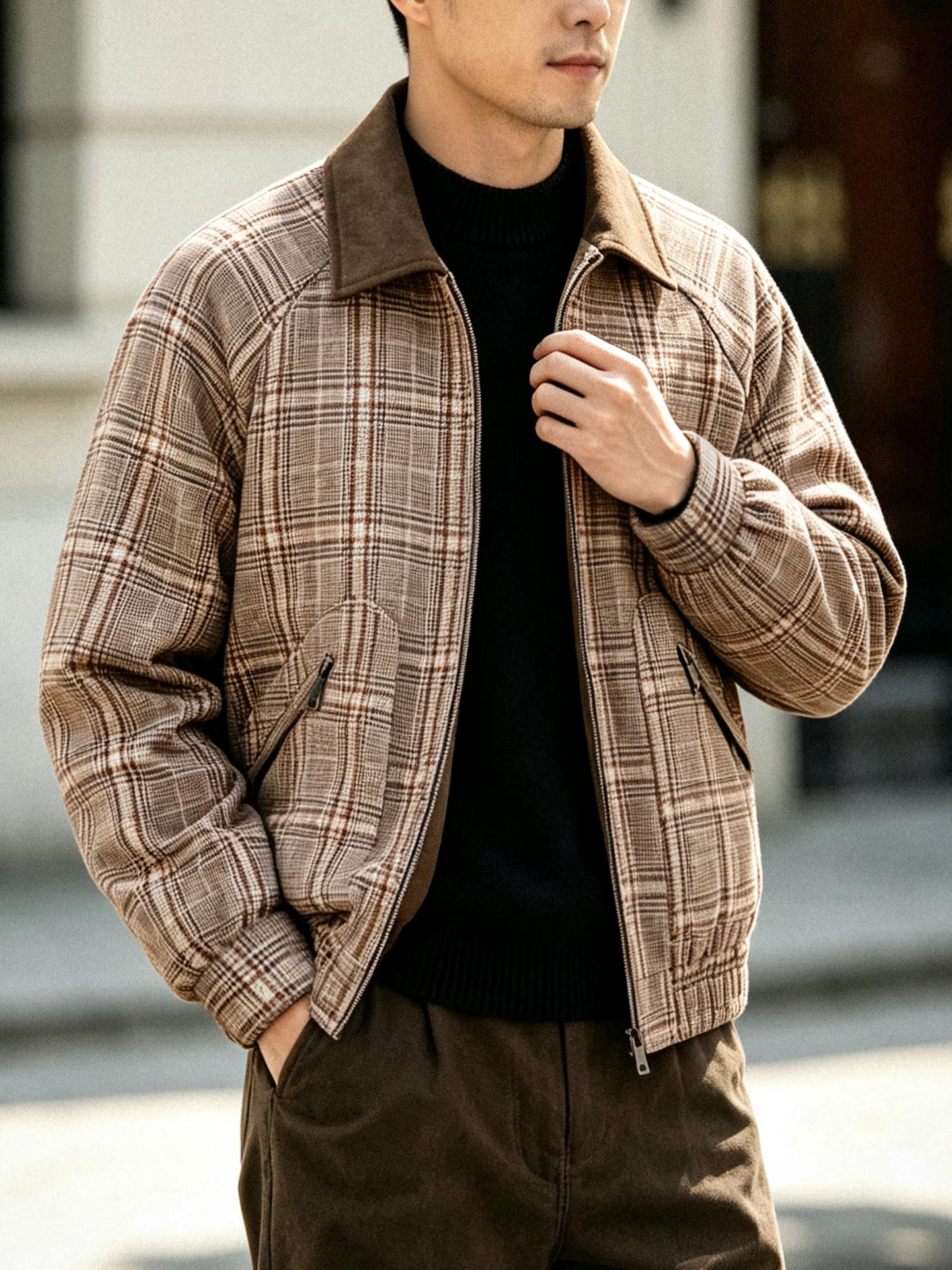 Men's Plaid Corduroy Jacket Loose Casual Style with Stand Collar Spring Autumn Outerwear Polyester Fiber Standard Fit
