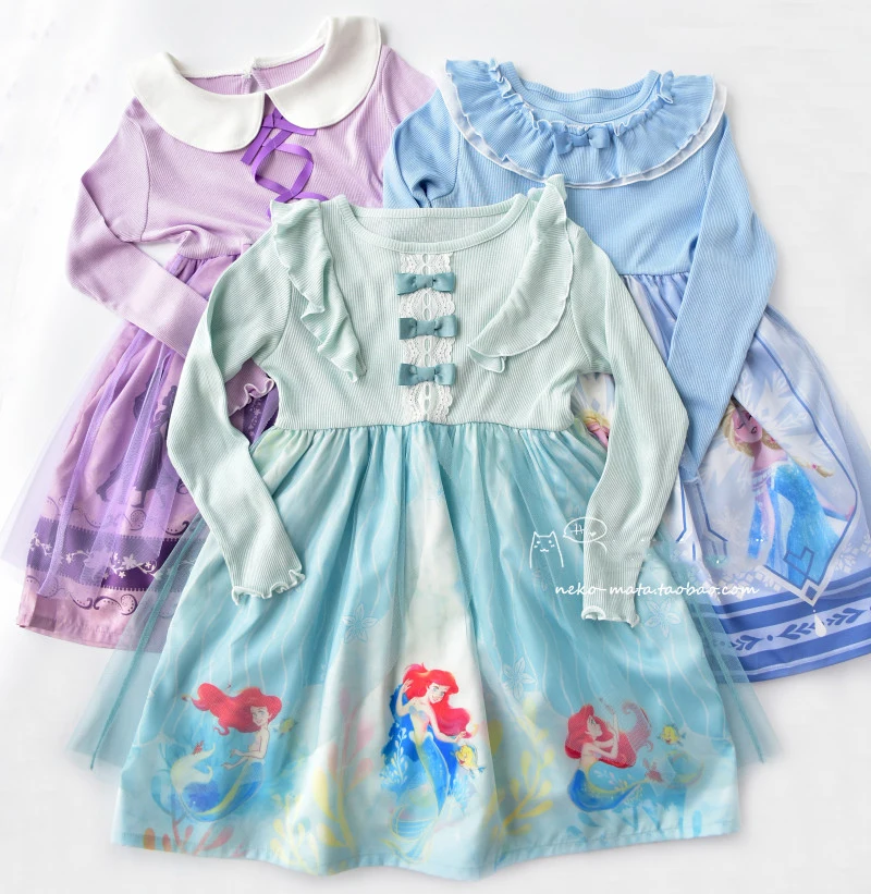 

Детское платье принцессы с длинными рукавами и мультяшным принтом Disney, платье принцессы-русалки Эльзы, милое кружевное платье с рюшами и бантом, новинка весны