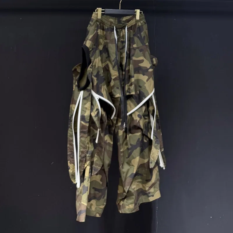 HKSH Spring Autumn New Men's High Street Heavy Patchwork Multi Zippers Military Drawstring Elastic Waist Wide Leg Pants HK13475