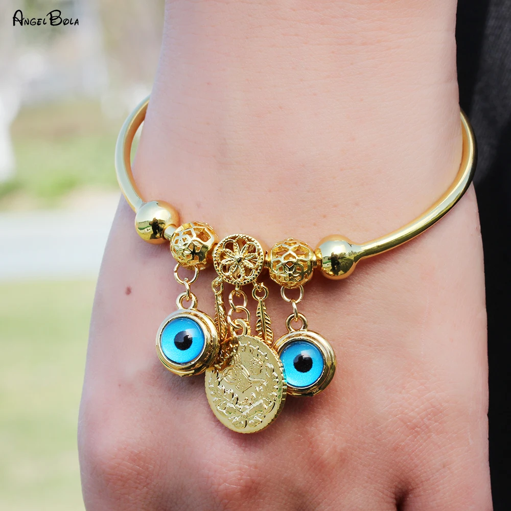 

Turkish Double Side Blue Evil Eye Bangle Golden Dreamcatcher Money Coin Push-pull Bracelets Jewelry Women Luxury Party Gifts