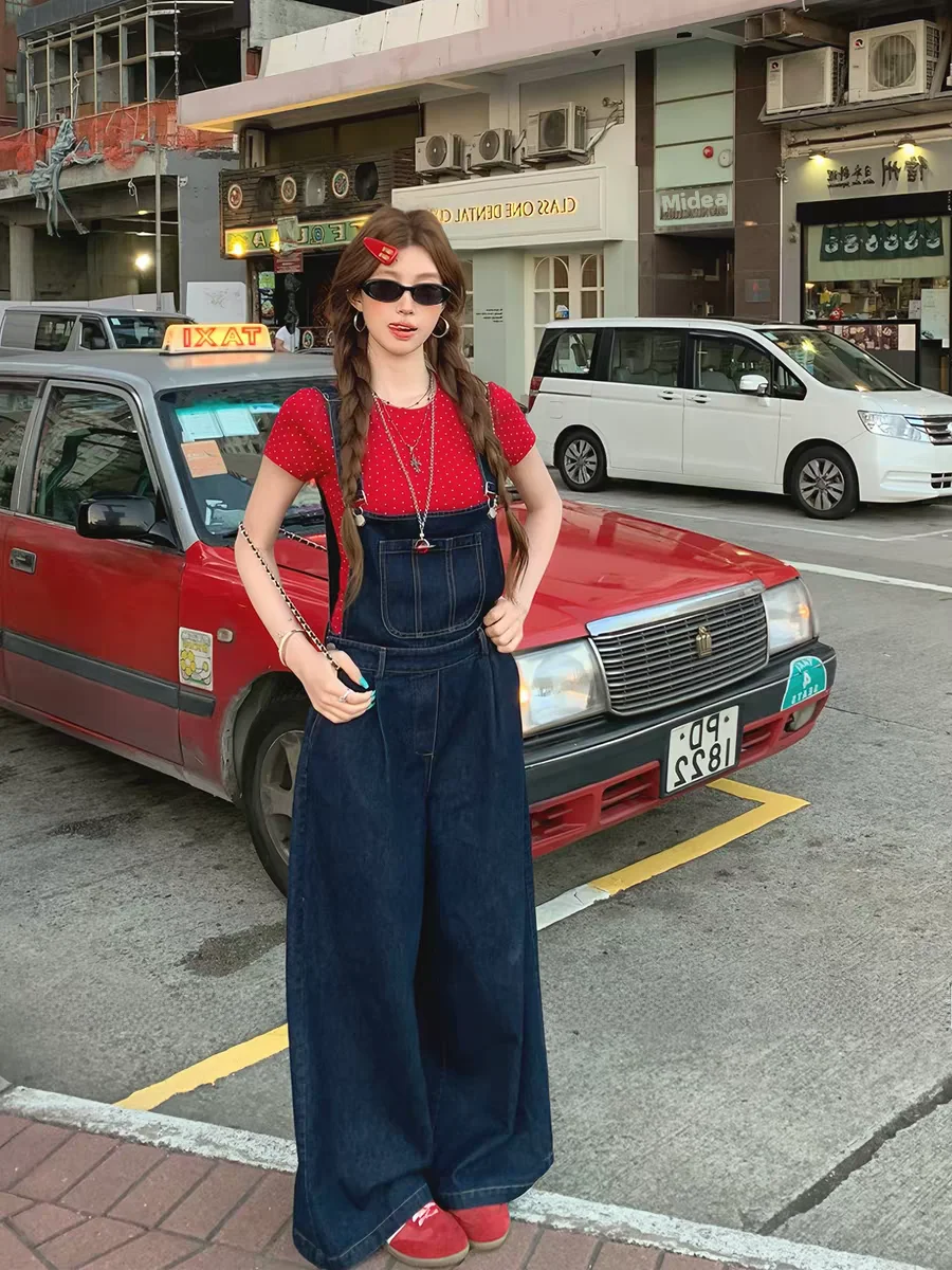 

American Style Vintage Denim Overalls Women Summer Small Size 2026 New Lazy Style Loose Straight Leg Wide Leg Pants