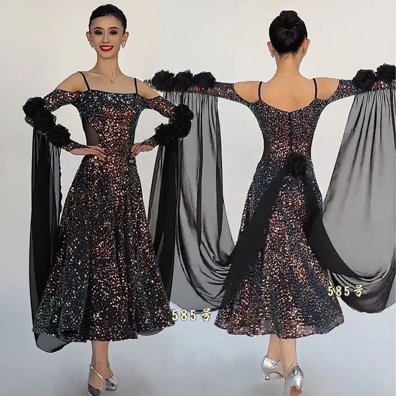 قبالة الكتف فستان قاعة الرقص المرأة بريق الفالس فستان رقص القياسية أداء الرقص الحديث زي قاعة الرقص 3140