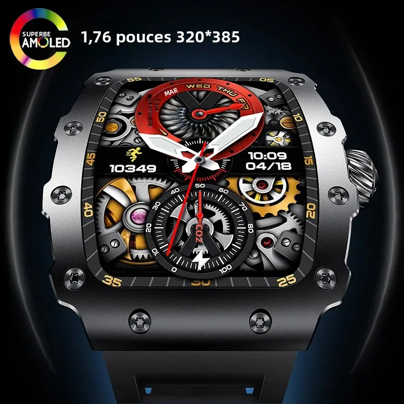 Nouvelle tendance montre intelligente 1.76 pouces AMOLED 3D cadran dynamique IP67 étanche Bluetooth appel NFC Assistant vocal hommes sport Smartwatch