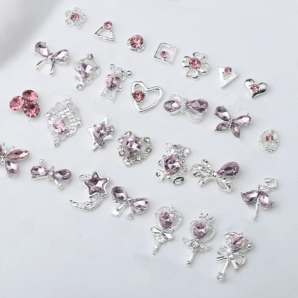 10pcs Zircon Pink Nail Art Charm 3D Kawaii Pink Crystal Heart Moon Butterfly Nail Decoration DIY Cartoon Nail Accessories