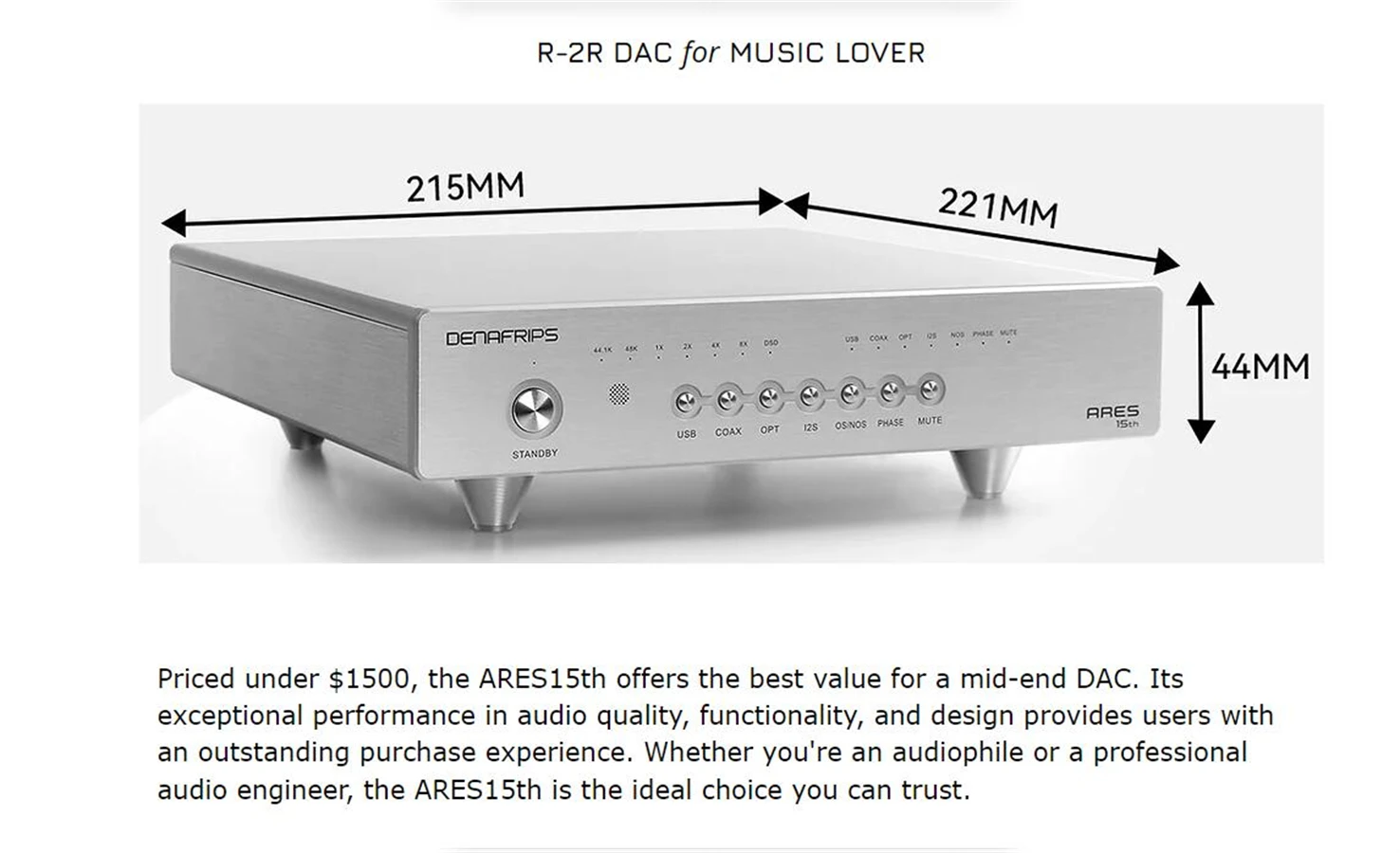 Denafrips ARES 15TH DAC R2R+Architettura DSD. Coassiale*1 OPT*1, I2S*1, USB2.0 Elaborazione del segnale digitale tramite FPGA.ARES 15TH