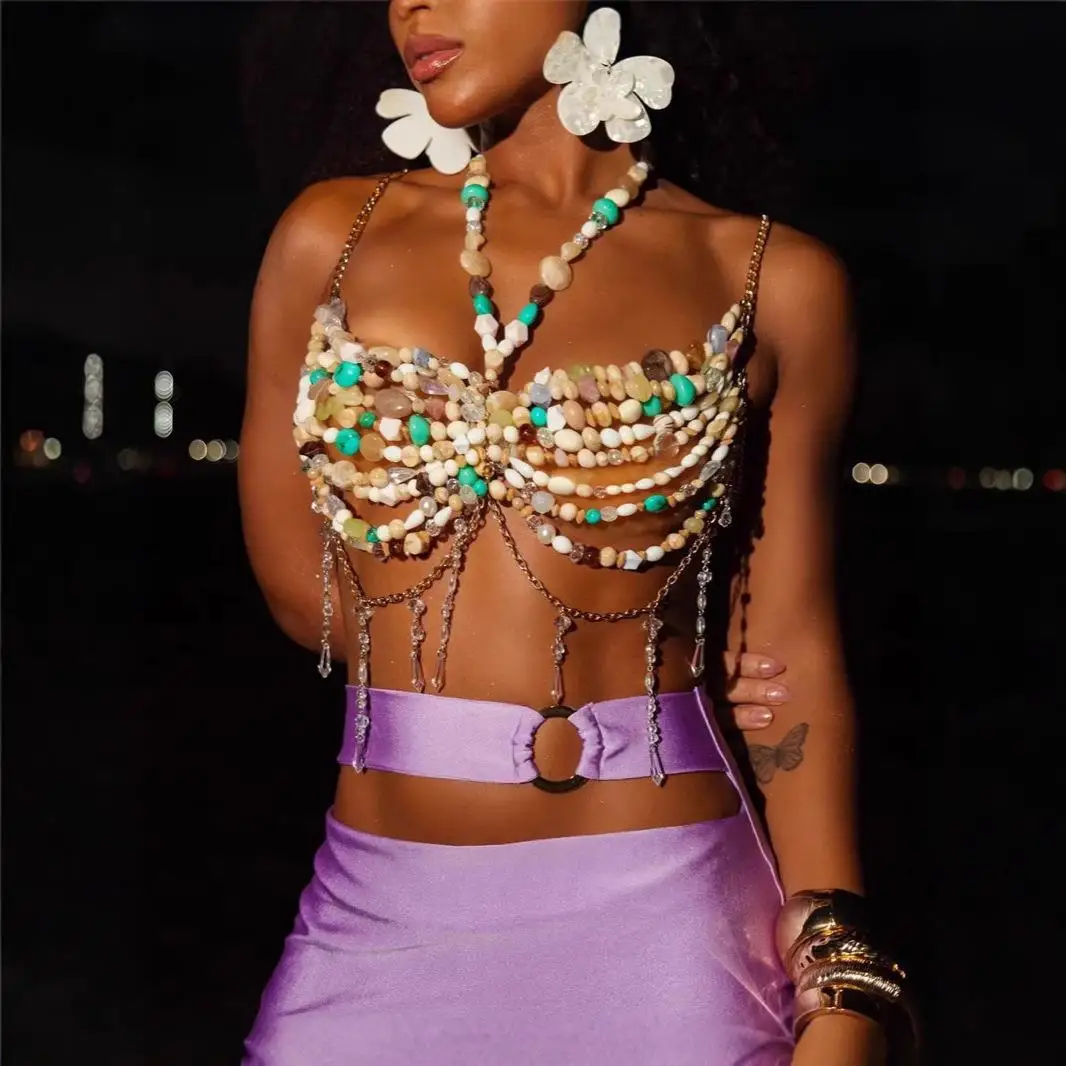 Krótki top damski z paskami z pereł, seksowny, transgraniczny styl, modny, dopasowany, z elementami 3D, o kroju A-line, z cienkimi ramiączkami, ort Sle