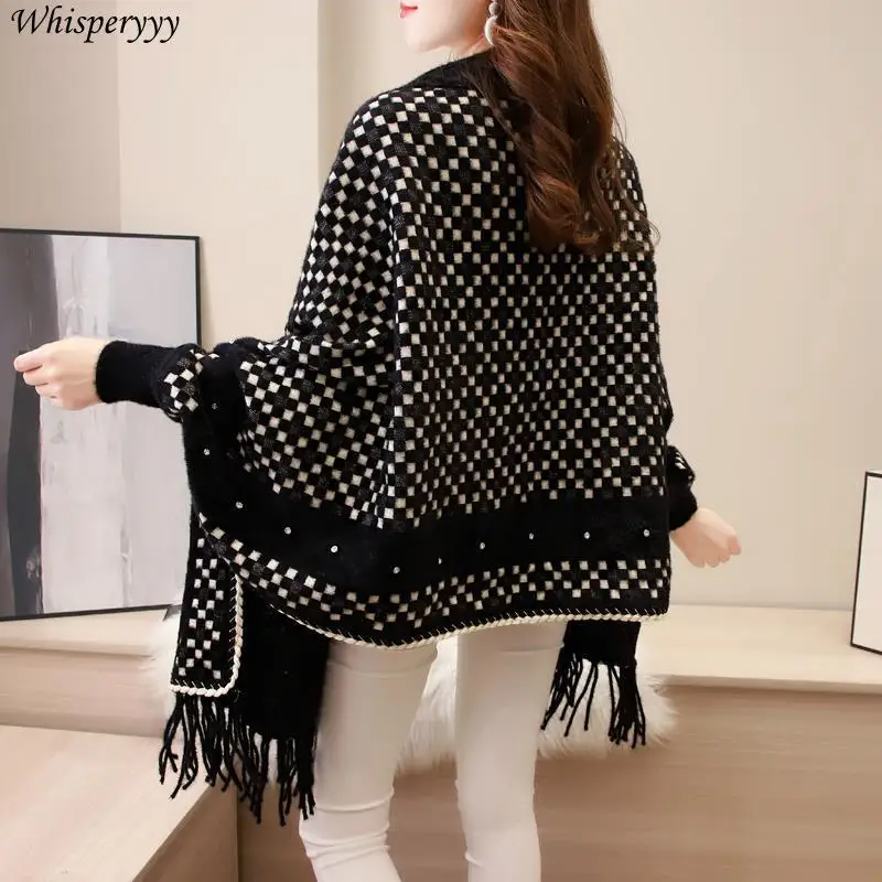 Shawl Women's Sweater Cloak Autumn Winter With Belt Sleeves Thicken Warm Cardigan Diamonds Tassel Poncho Knitted Cape Femme