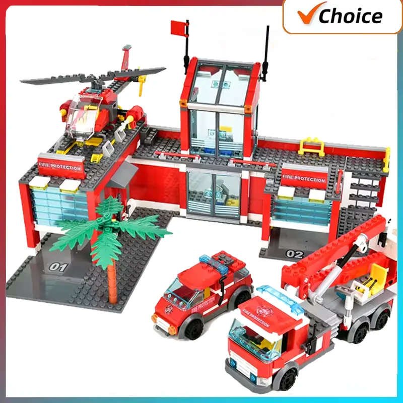 City Series Fire Station 758pcs Model Building Blocks Truck Helicopter Firefighter Bricks City Educational Toy For Children Gift