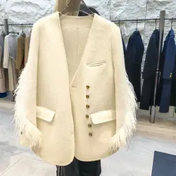 Fashion V-neck Woolen Jacket For Women Autumn Elegant Chic Coats with Feather Female Single Breasted Pocket Lady Short Outerwear