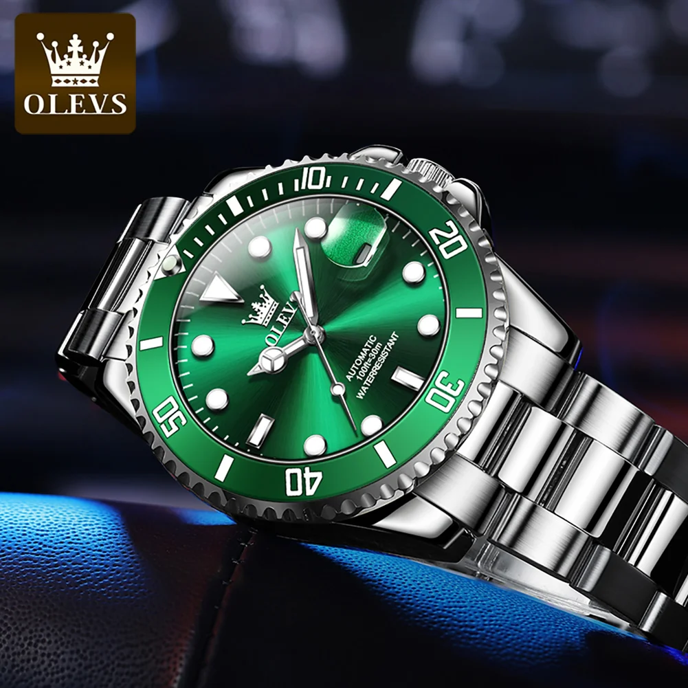 OLEVS-reloj mecánico totalmente automático para hombre, pulsera de marca de lujo con esfera verde, correa de acero inoxidable, resistente al agua,