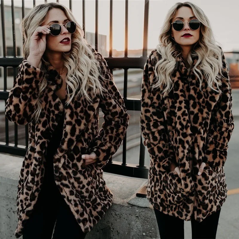 

Windproof Winter Women's Faux Fur Coat Leopard Print Leather Lady's Artificial Fur Outwear Mid Length Eco Fur Jacket For Female