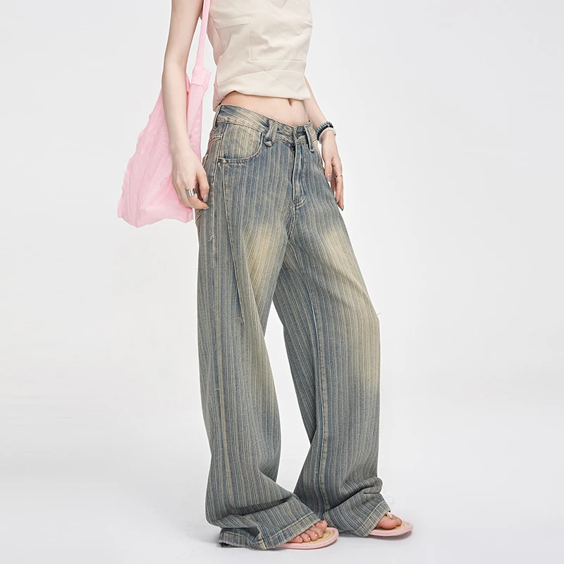 

CHIC High Street American European Vintage Retro Washed Stripes Women Denim Jeans Pants Long Straight Pants Wide Leg Trousers