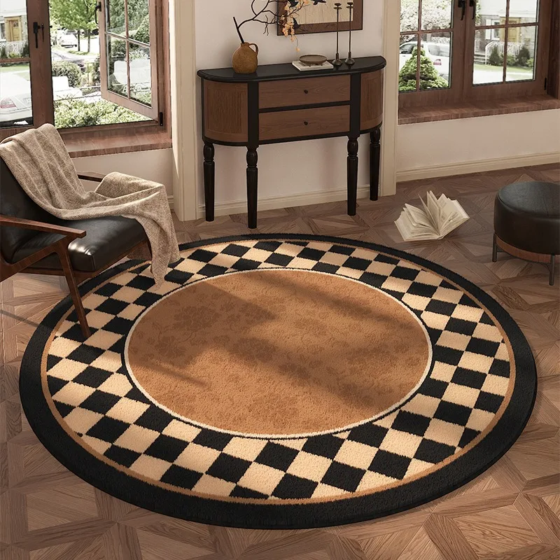 Vintage Floral & Bird Round Rug – Brown Black Retro Non-Slip Carpet for Living Room, Study & Home Decor