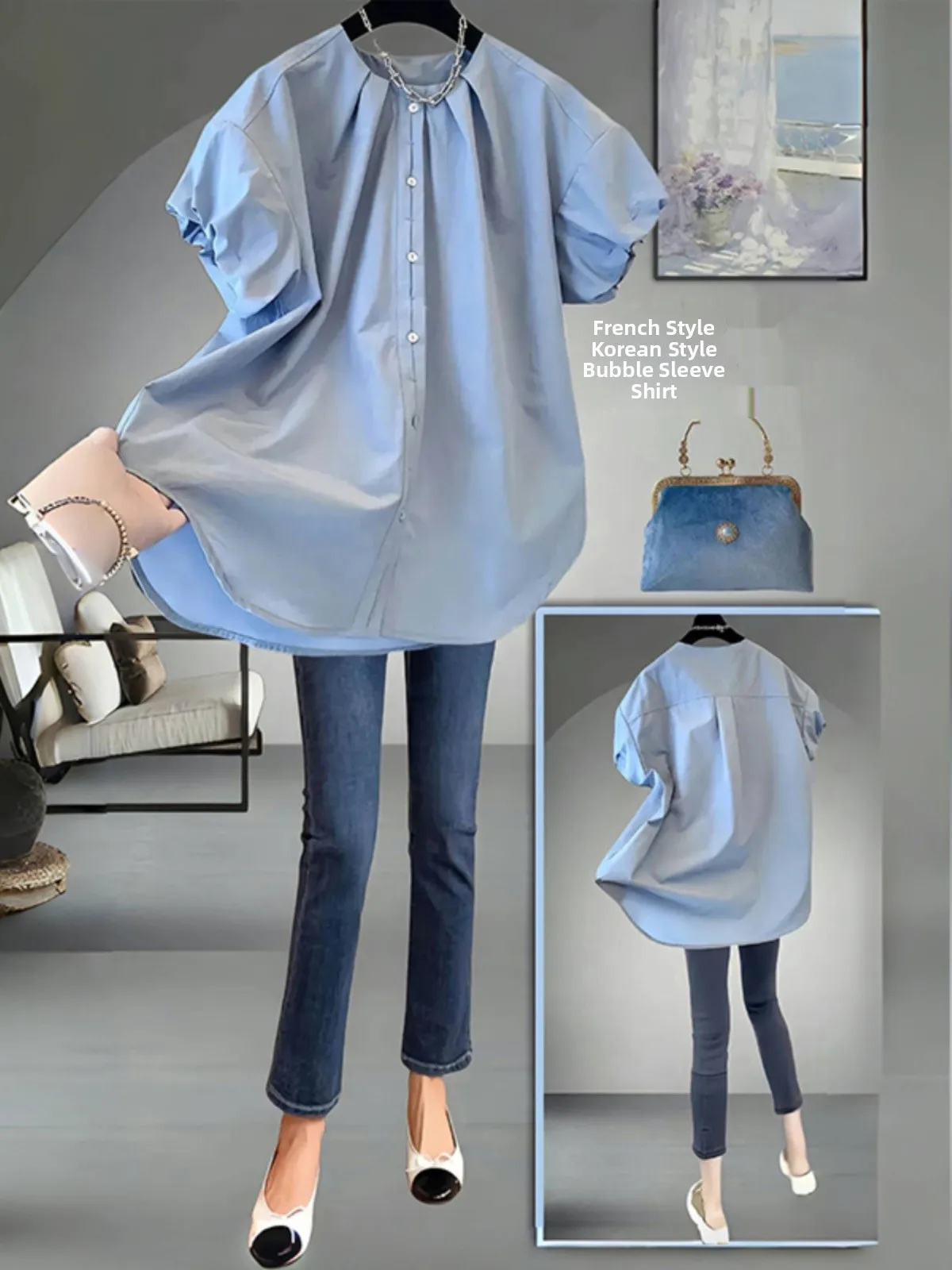 

Blue Bubble Sve irt Women's Loose Fit Casual Sle Button Detail round Ne ort Sve Mid-Length Cover Belly Faionable