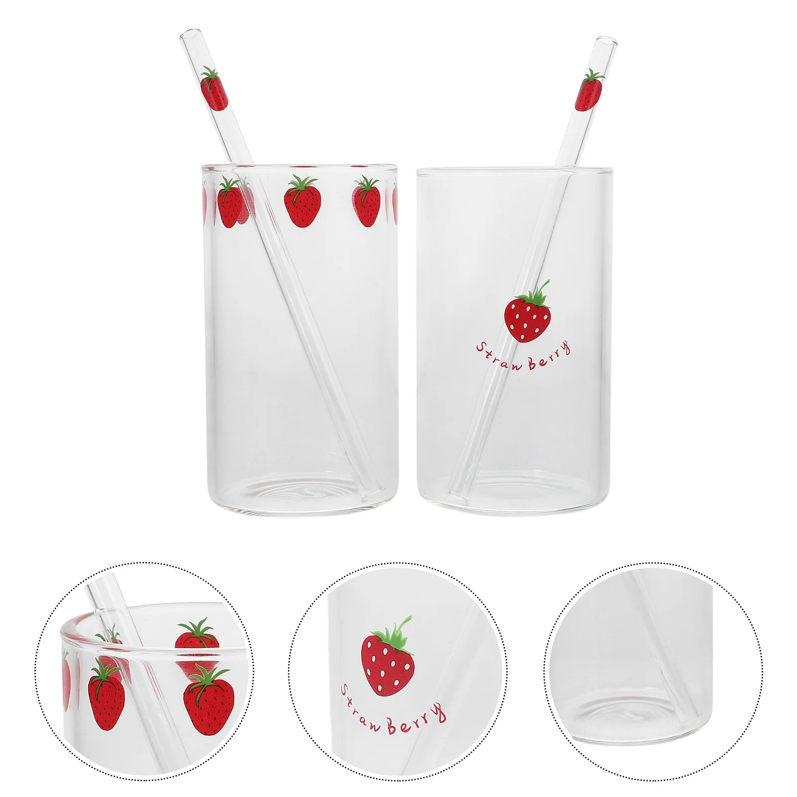 

2Pcs Strawberry Glass Cups Cute Clear Tumblers Straw Bottles for Juice Milk Coffee Tea Party Water Mugs Heat-Proof Water Tumbler