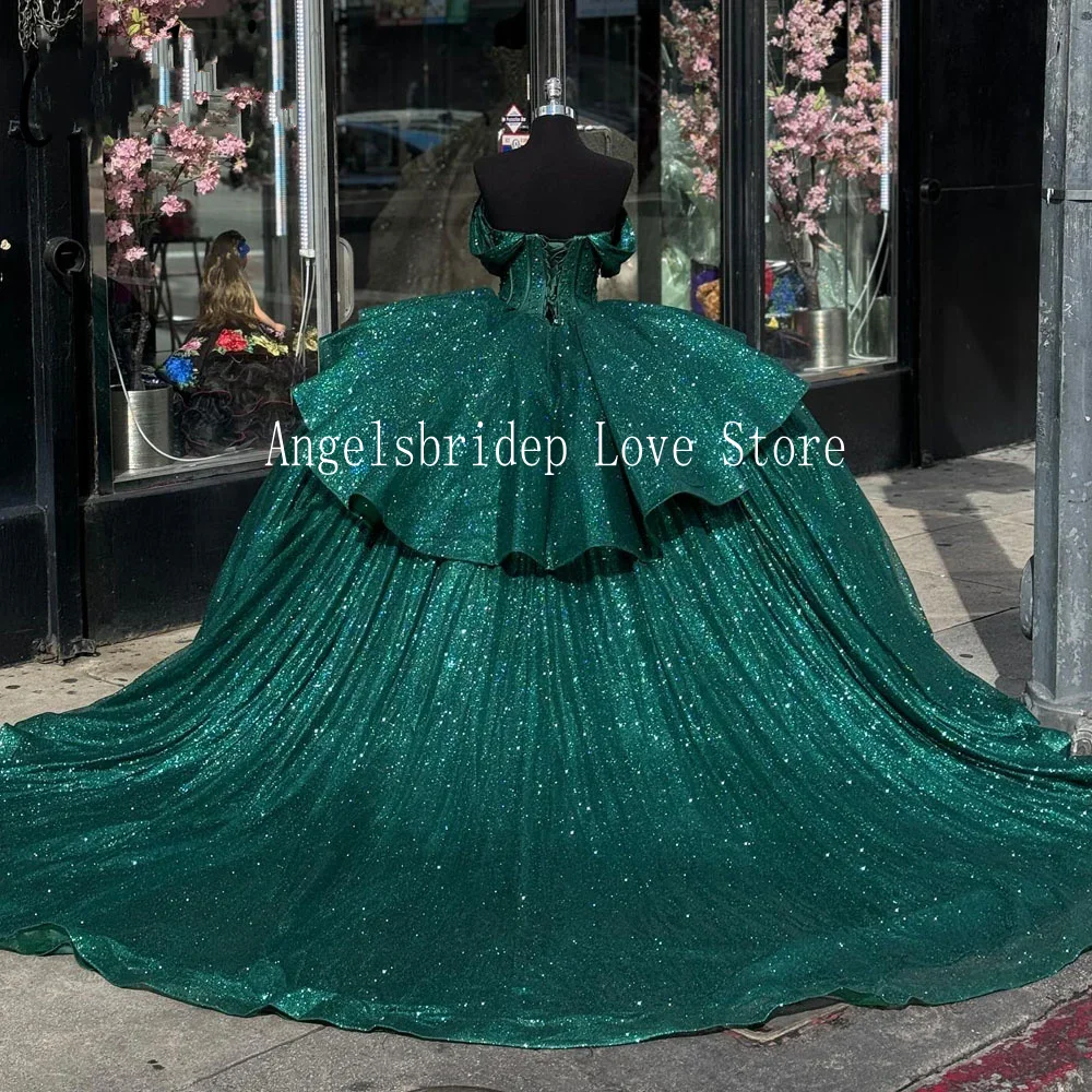 Angelsbridep Blingbling Smaragdgroene Baljurk Quinceanera Jurken Gelaagde Sweet 16 Vestidos De 15 Años