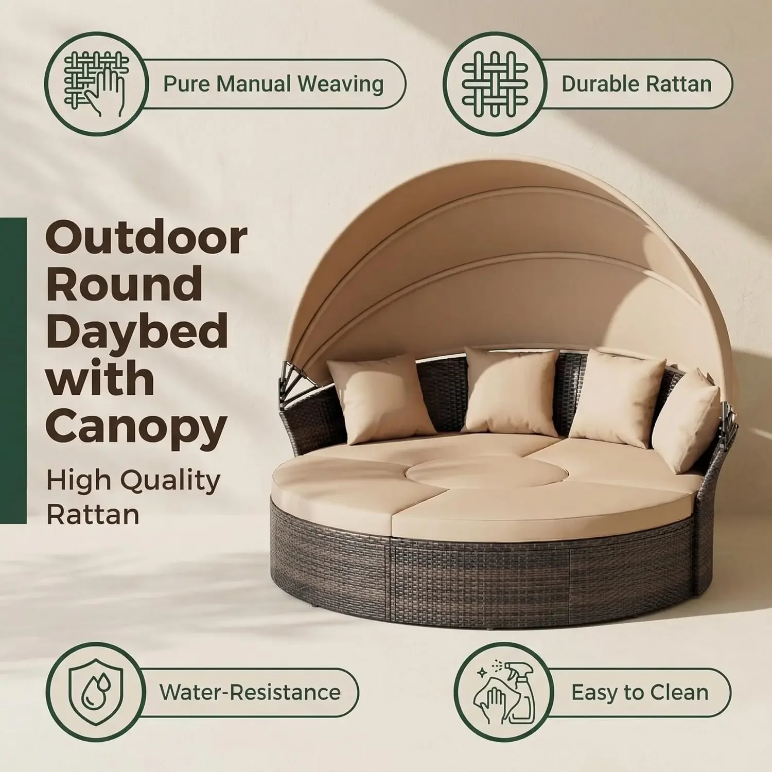 HOT Outdoor Patio Daybed with Retractable Canopy, Wicker Rattan Sectional Round Sofa Furniture Set, 5 Pieces Seating Separates Cushi