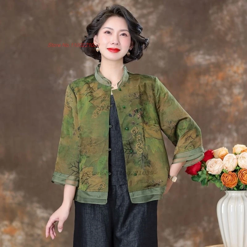 2024 traditional chinese hanfu blouse national flower print satin blouse vintage lace blouse oriental tang suit ethnic blouse