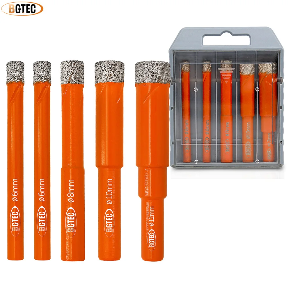 

BGTEC 5pcs/box Round Shank Diamond Drill Bits Set 6/8/10/12mm Dry Drilling Granite Marble Tile Masonry Ceramic Core How Saw Set