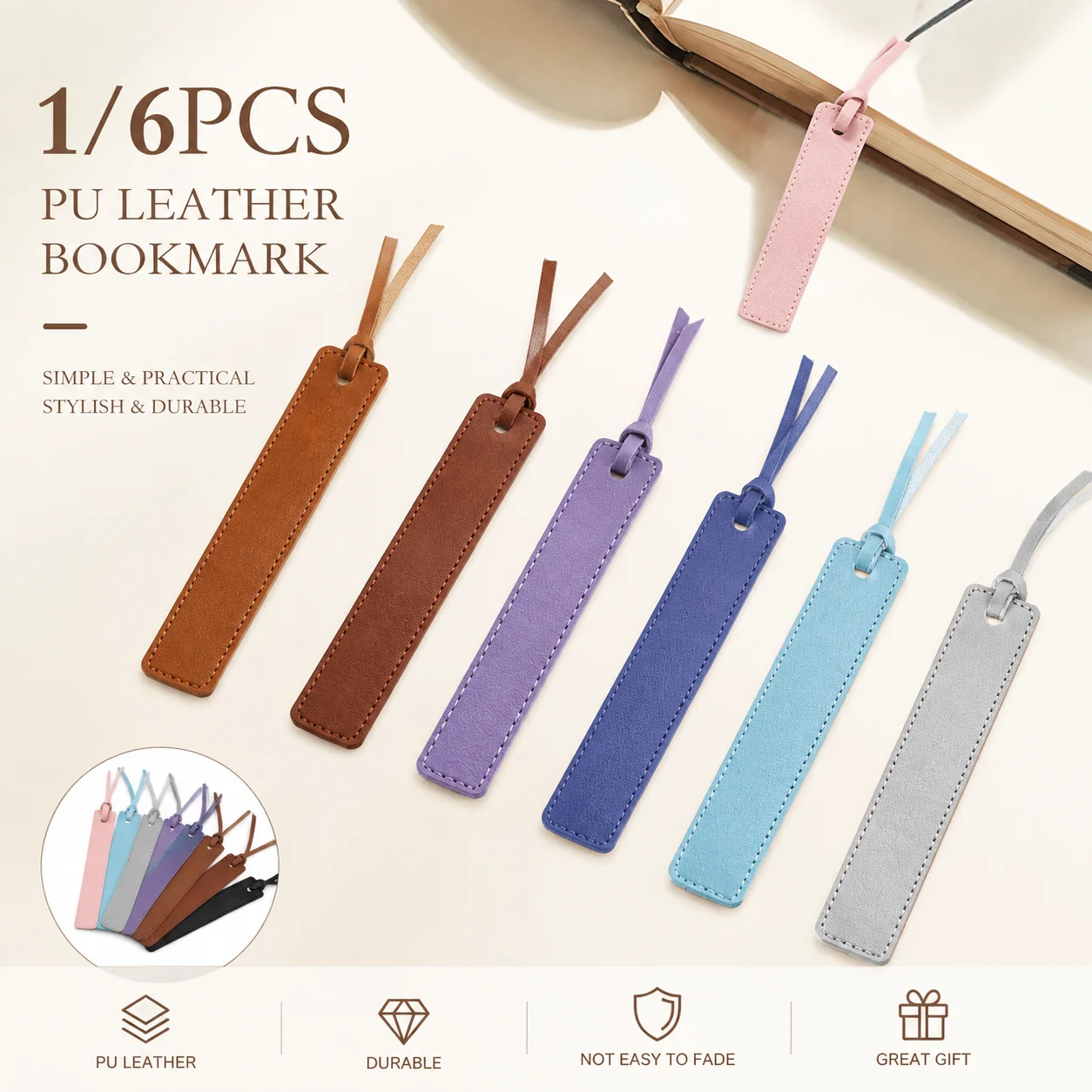 1/6pcs multicolor long bookmark simple retro PU leather, rectangular straight shape marks reading progress bookmark